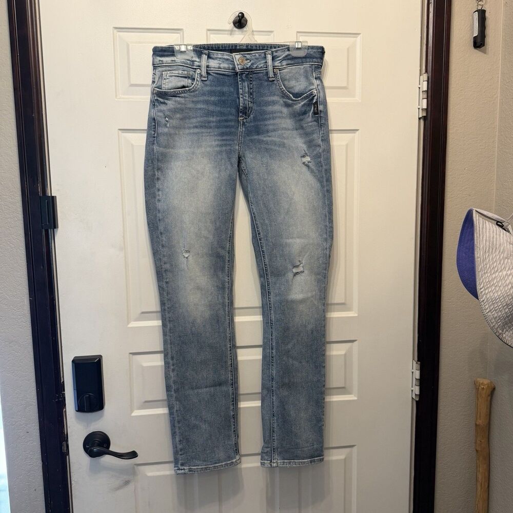 Silver Jeans Elyse Straight Womens W29 L29 Light Wash Distressed Stretch Jeans